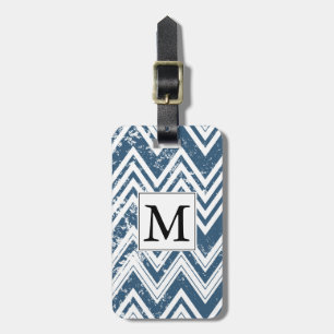 Blue and White Grunge Chevron Monogram Luggage Tag