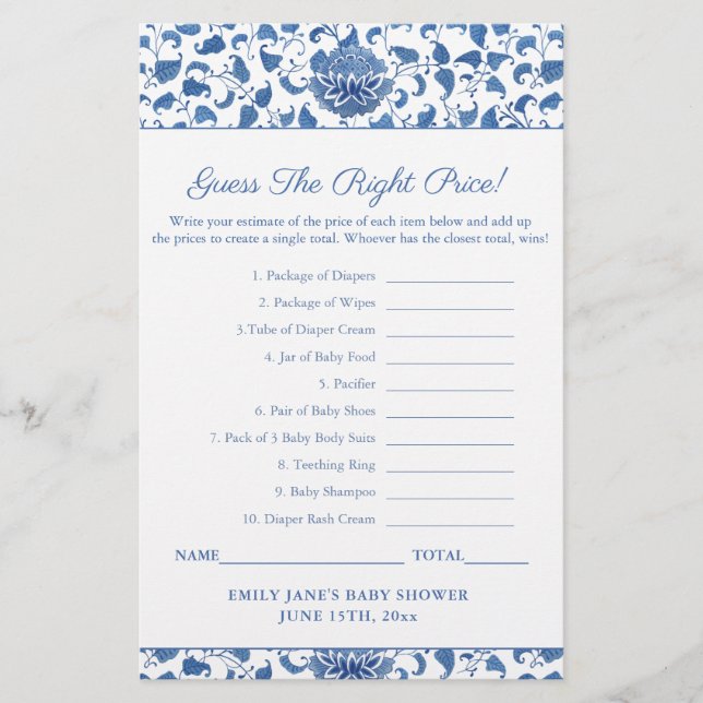Blue And White Guess The Price Baby Shower Game (Front)