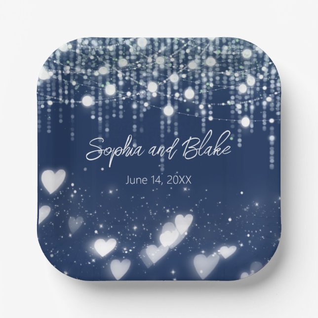 Blue and White Hanging Lights Wedding Paper Plate (Front)