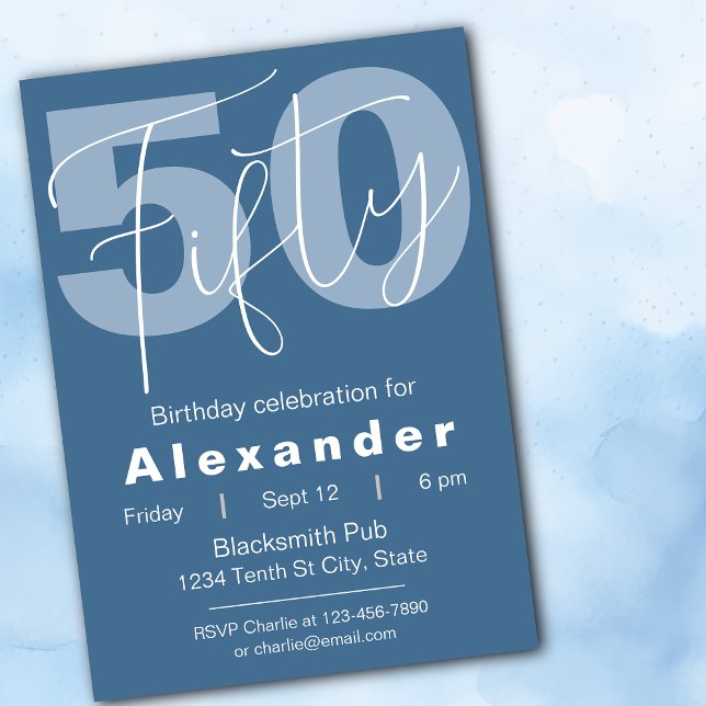 Blue And White Happy 50th Birthday Celebration Invitation (Creator Uploaded)