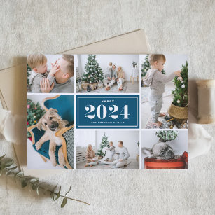 Blue and White Happy New Year 2024 Photo Collage Holiday Card