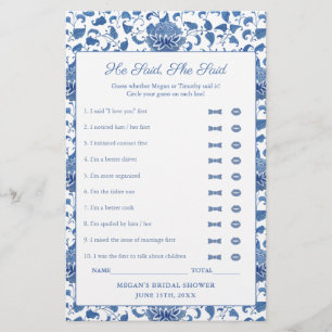 Blue And White He Said She Said Shower Game Card