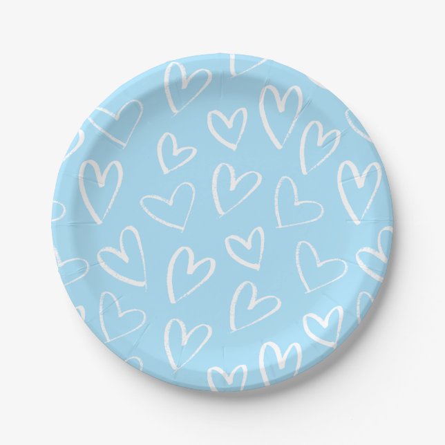 Blue and white heart pattern  paper plate (Front)