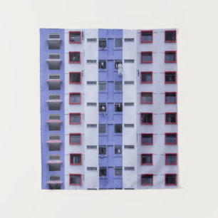 Blue and white high-rise building tapestry