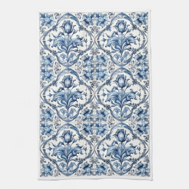 Blue and White Holland Pottery Tile 2 Tea Towel (Vertical)