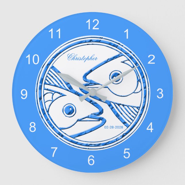 Blue and White Horoscope Zodiac Sign Pisces Large Clock (Front)