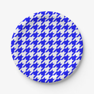 Blue and White Houndstooth Check Paper Plate