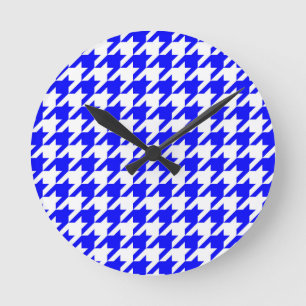 Blue and White Houndstooth Check Round Clock