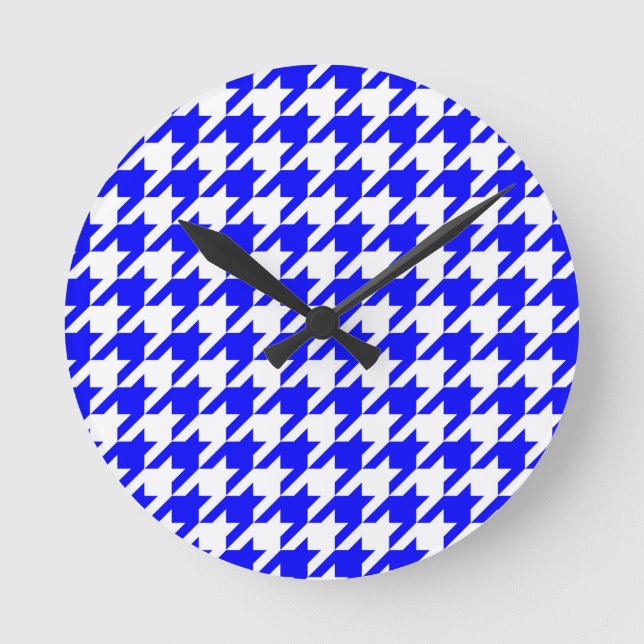 Blue and White Houndstooth Check Round Clock (Front)