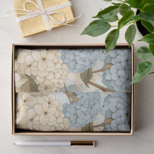 Blue and White Hydrangea Flowers, and Green Leaves Tissue Paper (Gift)