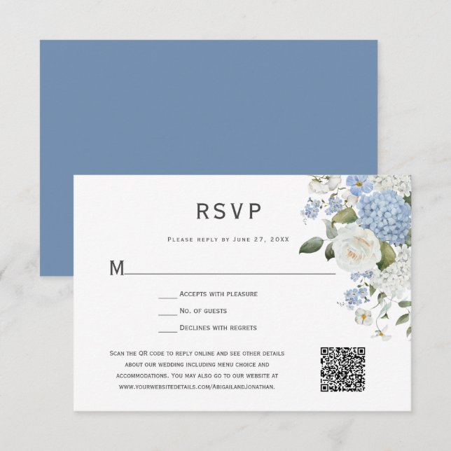 Blue and White Hydrangea, White Roses Floral RSVP Card (Front/Back)