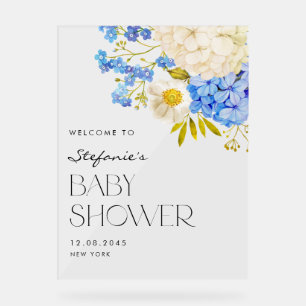 Blue and White Hydrangeas Baby Shower Welcome Acrylic Sign