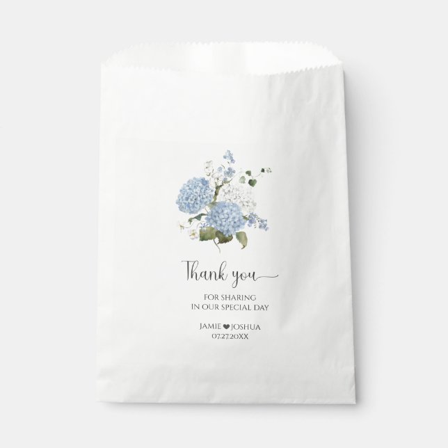Blue and White Hydrangeas Greenery Wedding Favour Bags (Front)