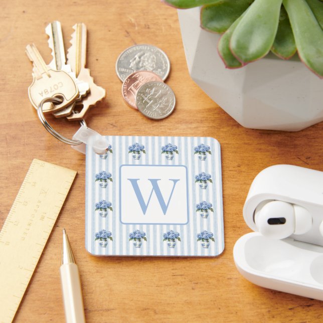 Blue and White Hydrangeas on Stripes Monogram Key Ring (Desk)