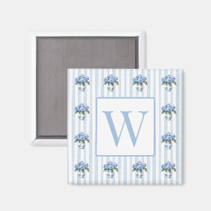 Blue and White Hydrangeas on Stripes Monogram Magnet