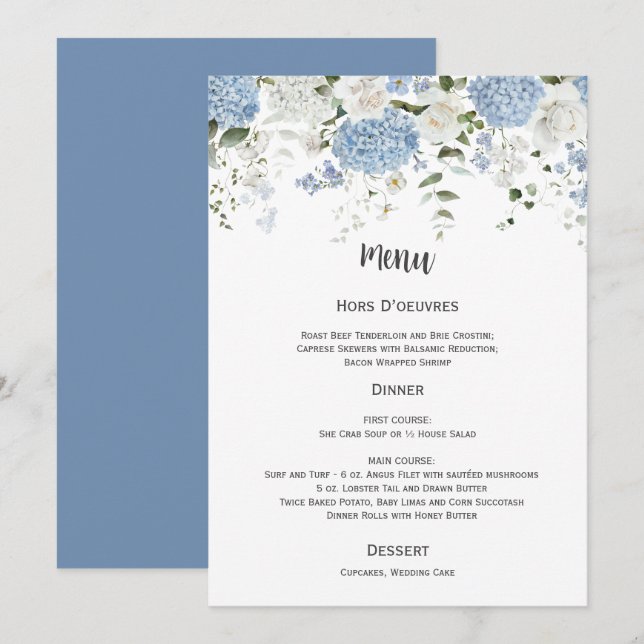 Blue and White Hydrangeas White Roses Wedding Menu Invitation (Front/Back)