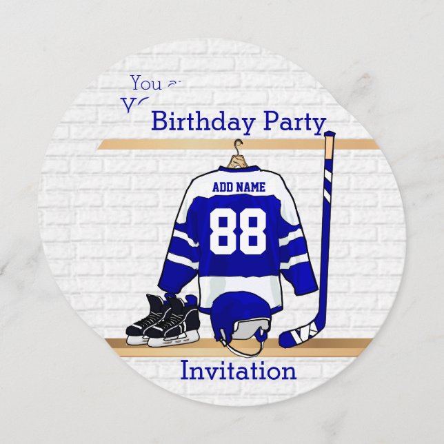 Blue and White Ice Hockey Jersey Birthday Party Invitation (Front/Back)