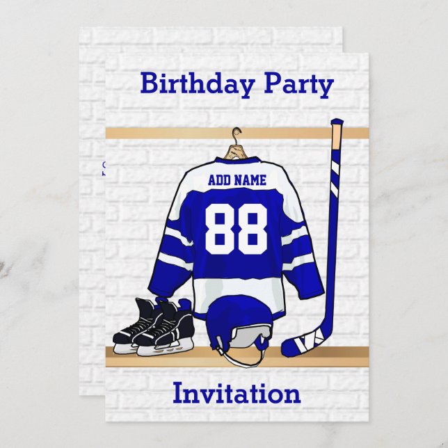 Blue and White Ice Hockey Jersey Birthday Party Invitation (Front/Back)