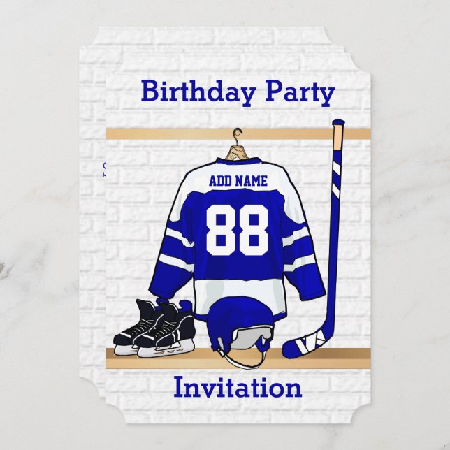 Blue and White Ice Hockey Jersey Birthday Party Invitation (Front/Back)