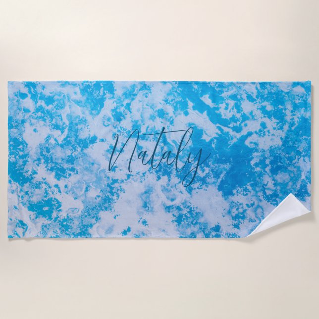 Blue and white ice planet surface name beach towel (Front)