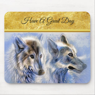 Blue and white ice wolves with gold foil texture mouse mat