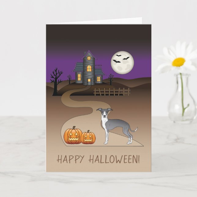 Blue And White Iggy And Halloween Haunted House Card (Small Plant)