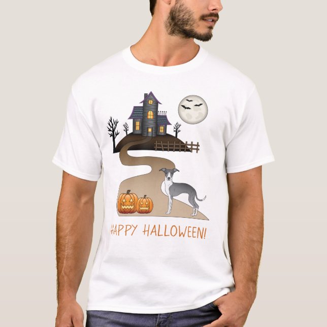 Blue And White Iggy And Halloween Haunted House T-Shirt (Front)