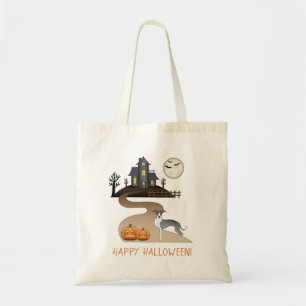 Blue And White Iggy And Halloween Haunted House Tote Bag