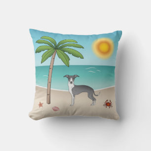 Blue And White Iggy Dog At A Tropical Summer Beach Cushion