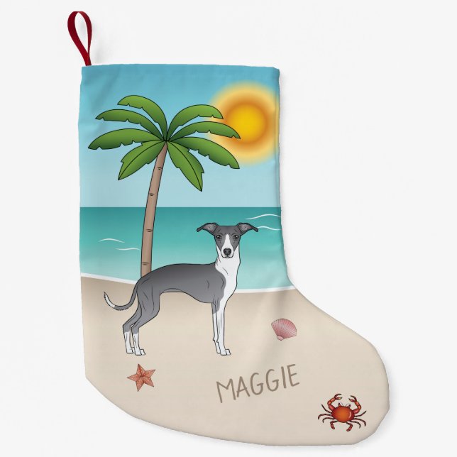Blue And White Iggy Dog At A Tropical Summer Beach Small Christmas Stocking (Front)