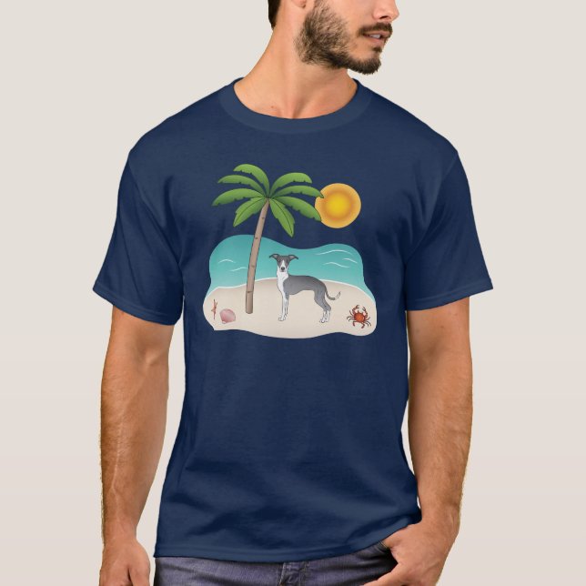 Blue And White Iggy Dog At A Tropical Summer Beach T-Shirt (Front)