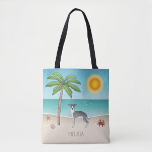 Blue And White Iggy Dog At A Tropical Summer Beach Tote Bag