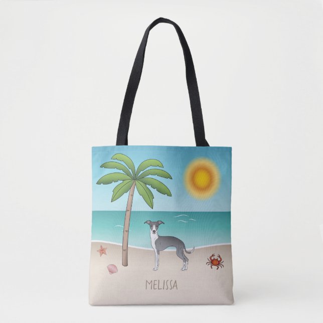Blue And White Iggy Dog At A Tropical Summer Beach Tote Bag (Front)