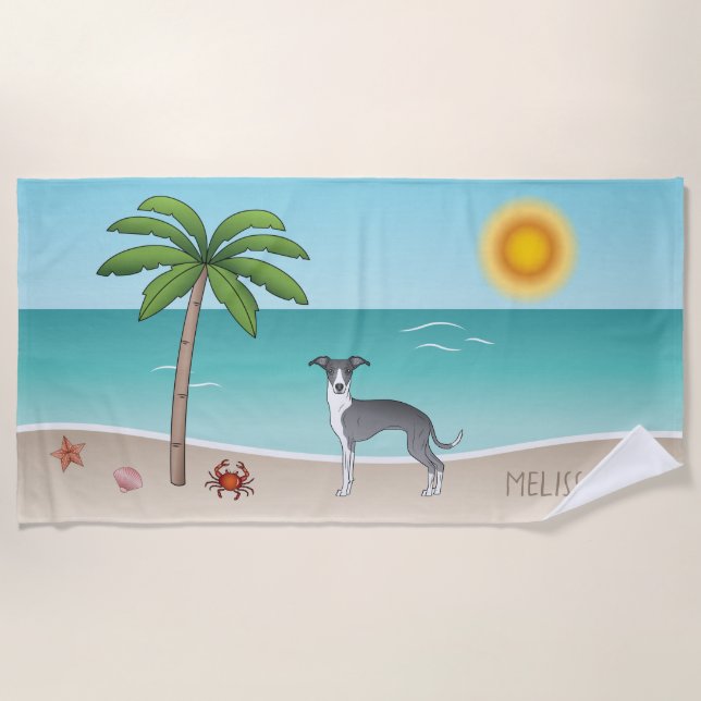 Blue And White Iggy Dog At A Tropical Summer Beach Towel (Front)