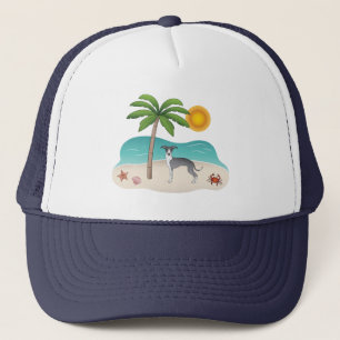 Blue And White Iggy Dog At A Tropical Summer Beach Trucker Hat