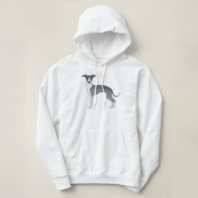 Blue And White Italian Greyhound Cartoon Design Hoodie (Design Front)