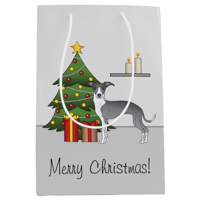Blue And White Italian Greyhound & Christmas Tree Medium Gift Bag (Front)