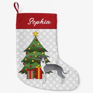 Blue And White Italian Greyhound & Christmas Tree Small Christmas Stocking