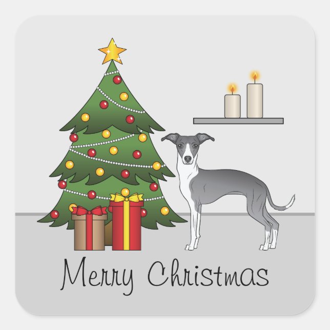 Blue And White Italian Greyhound & Christmas Tree Square Sticker (Front)