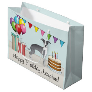 Blue And White Italian Greyhound Colourful Birthda Large Gift Bag