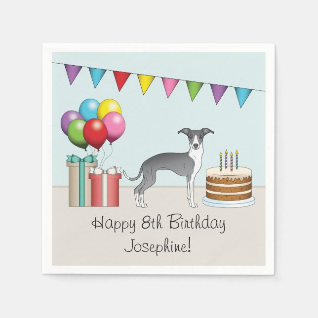 Blue And White Italian Greyhound Colourful Birthda Napkin (Front)