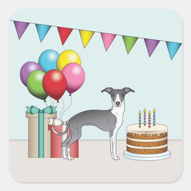 Blue And White Italian Greyhound Colourful Birthda Square Sticker (Front)