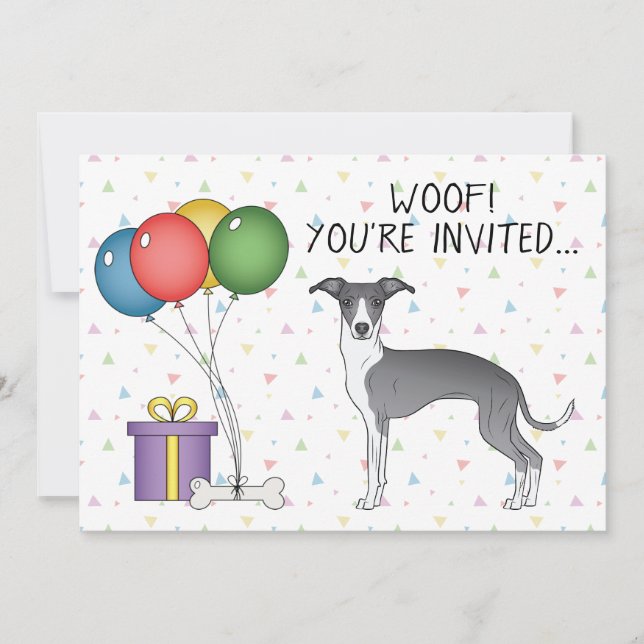 Blue And White Italian Greyhound Cute Dog Birthday Invitation (Front)