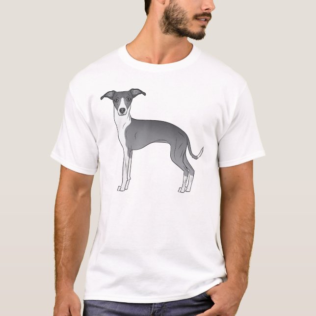 Blue And White Italian Greyhound Dog Illustration T-Shirt (Front)