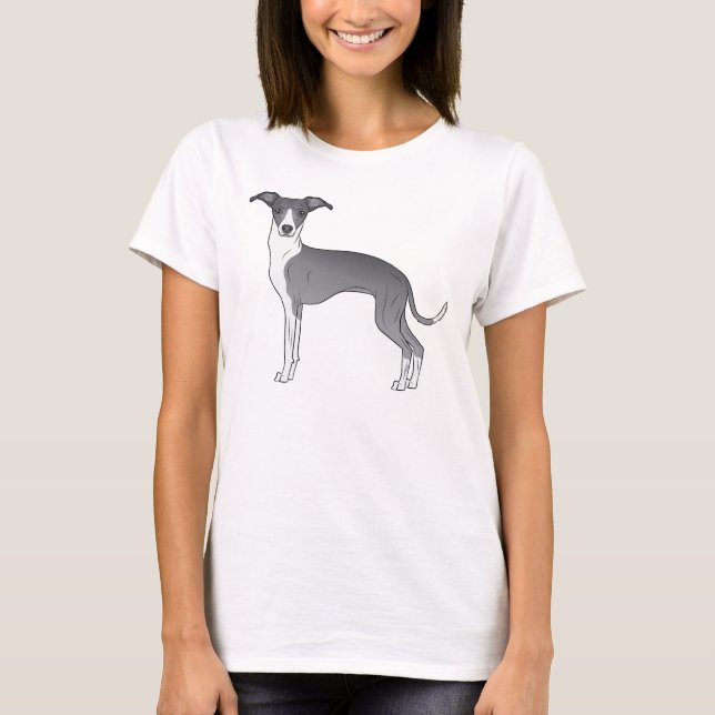 Blue And White Italian Greyhound Dog Illustration T-Shirt (Front)