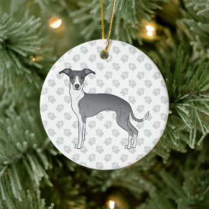 Blue And White Italian Greyhound Dog With Paws Ceramic Tree Decoration
