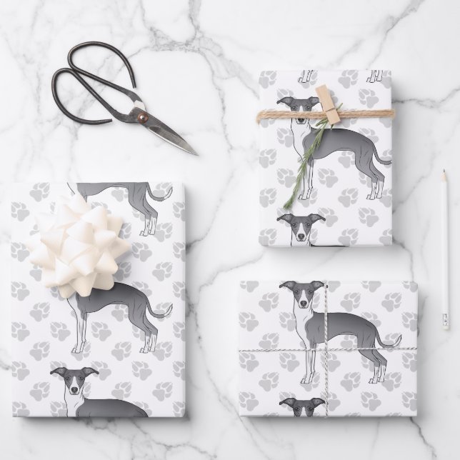 Blue And White Italian Greyhound Dogs With Paws Wrapping Paper Sheet (Front)