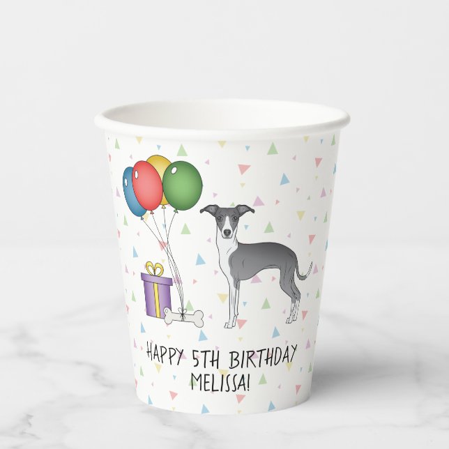 Blue And White Italian Greyhound - Happy Birthday Paper Cups (Front)