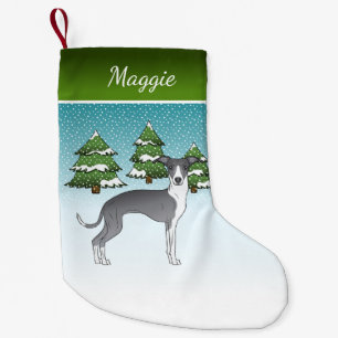 Blue And White Italian Greyhound In Winter Forest Small Christmas Stocking