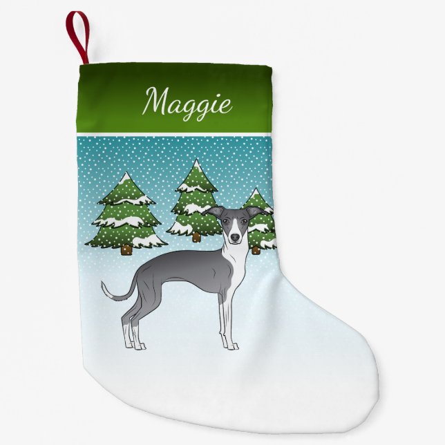 Blue And White Italian Greyhound In Winter Forest Small Christmas Stocking (Front)